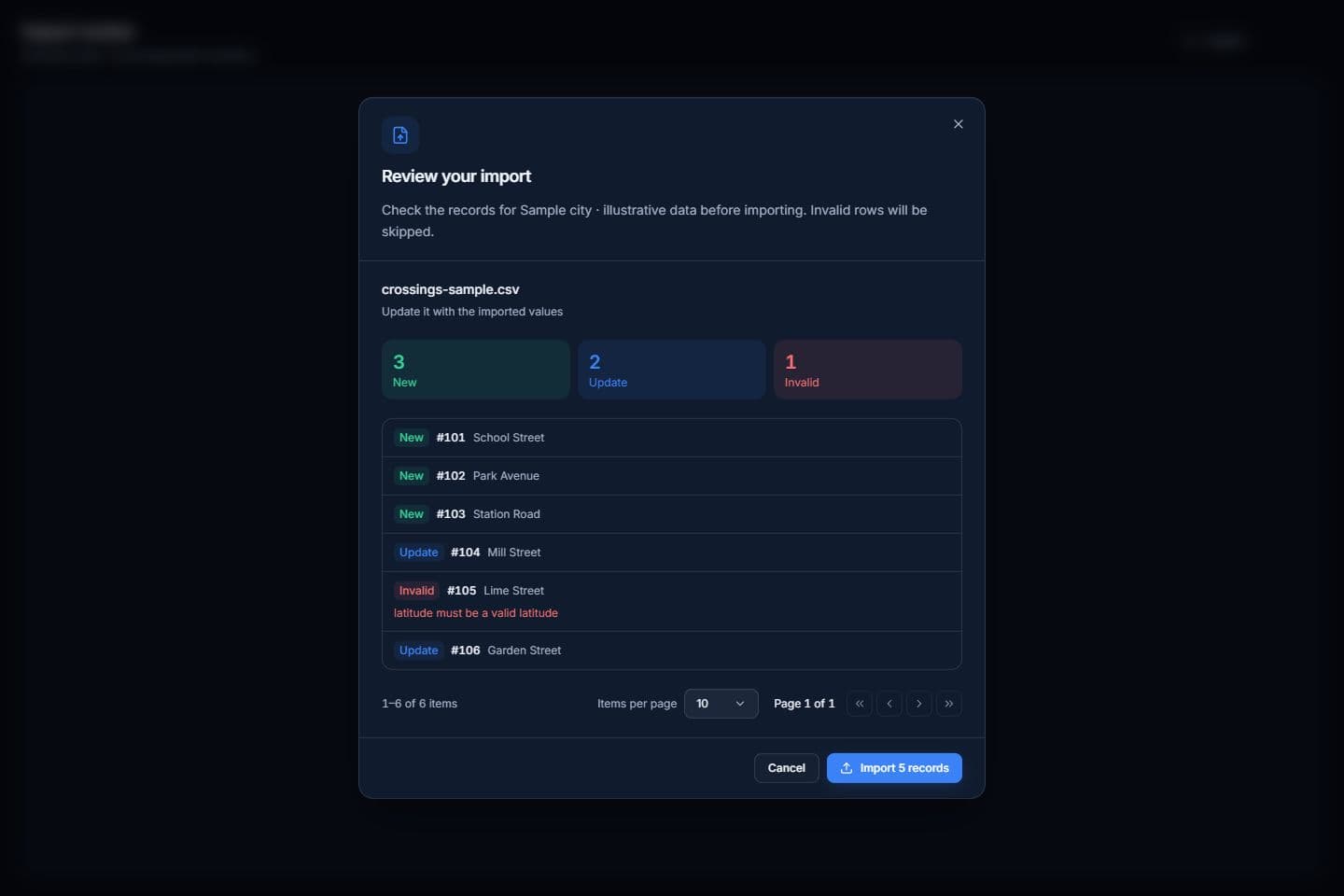 Import review dialog with a preview of new, updated and invalid crossing rows.