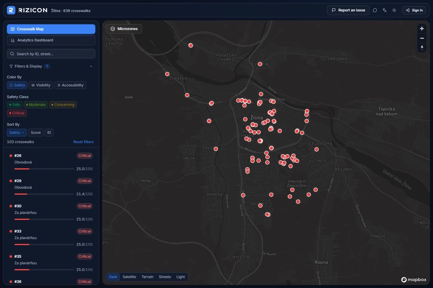 Map filtered to the Critical safety class, with 103 matching crossings and a reset control.