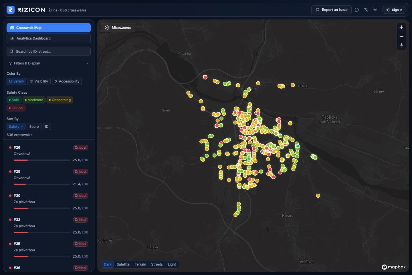 Rizicon city map with colour-coded crossings, search and a ranked crossing list.