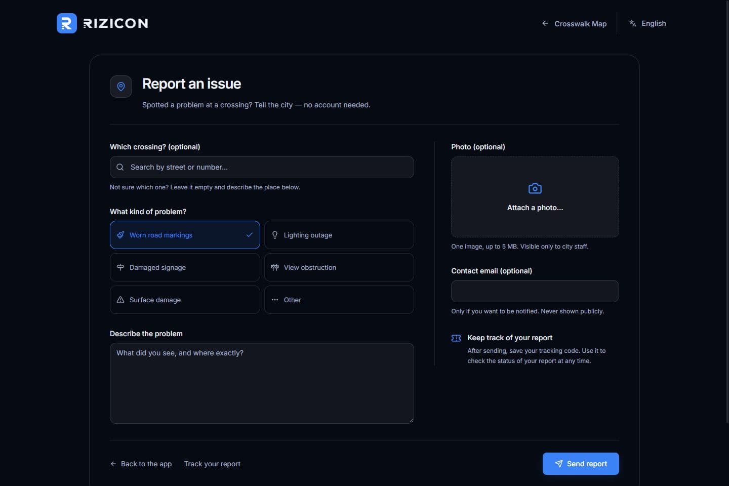 Public report form with problem categories, a description field, an optional photo and optional contact email.
