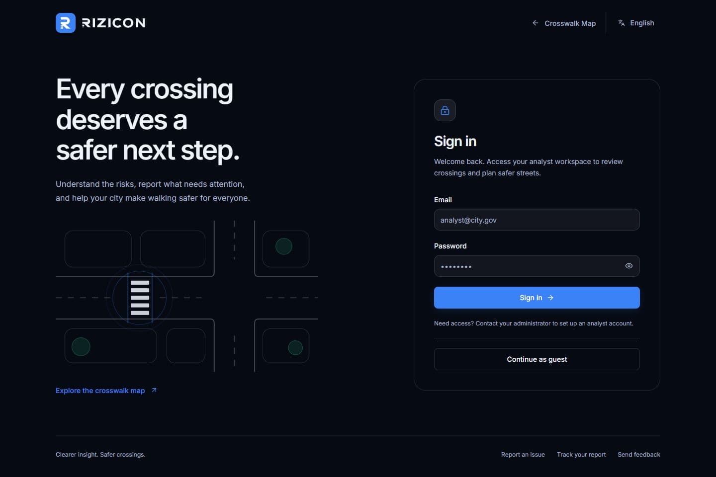 Rizicon sign-in page with email and password fields and a link to continue as a guest.